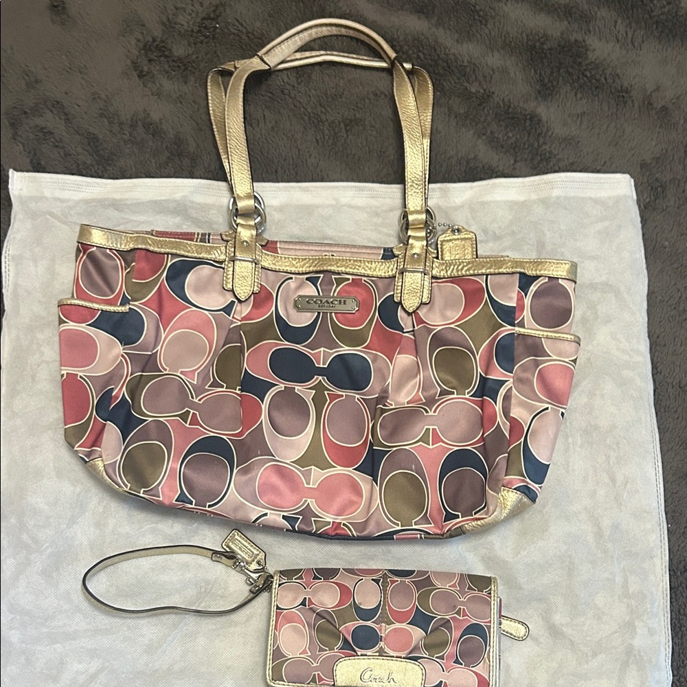 Coach Signature Multicolor Canvas Tote with Gold Leather Trim